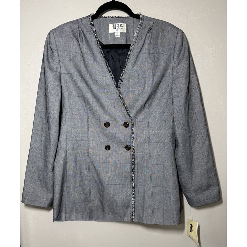 Vintage Bill Blass Suits Windowpane Blazer Jacket Women's 12 Gray Raw Edge NWT